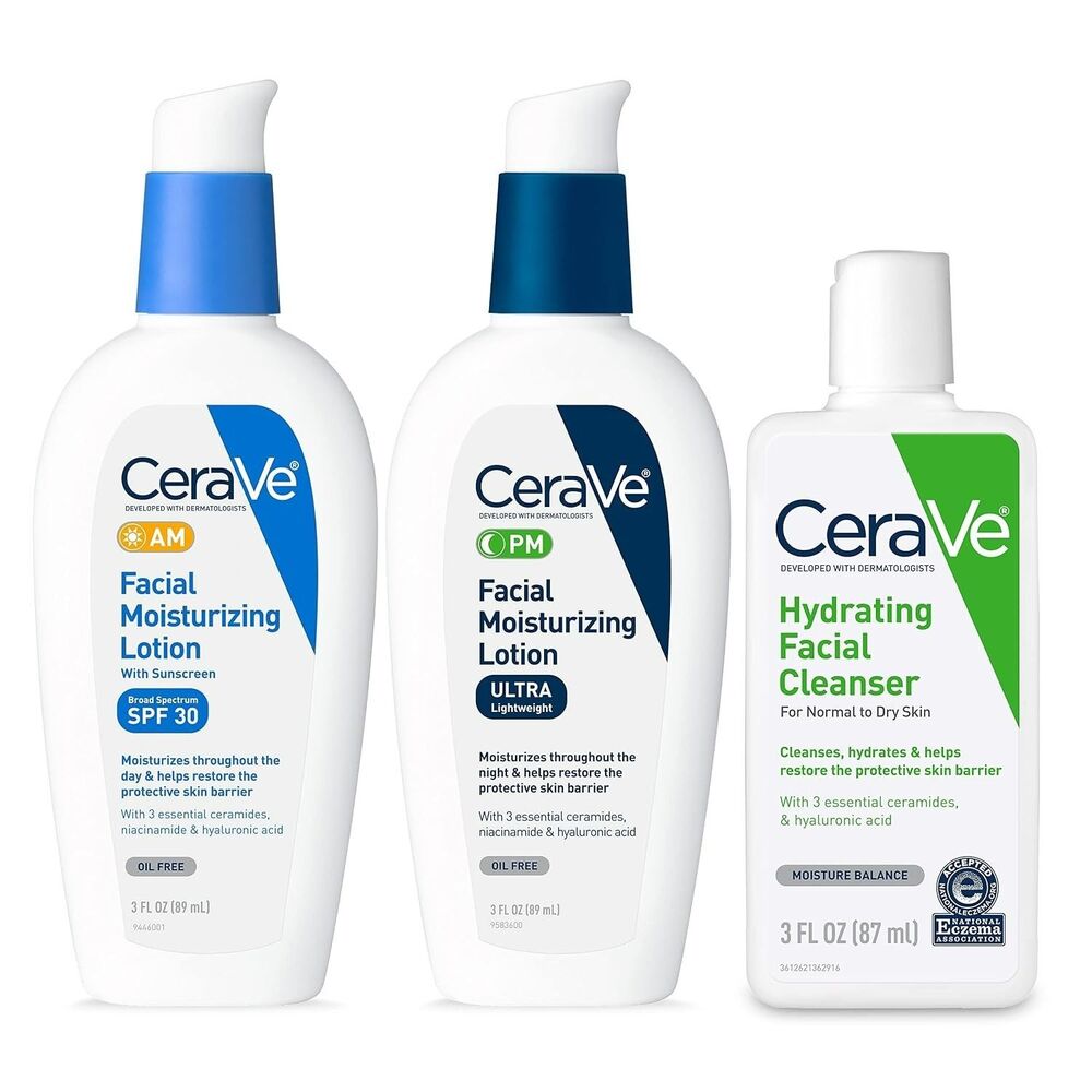 CeraVe Skin Care Set Face Wash + AM & PM Face Moisturizer Cleanser 3oz EXP 9/27